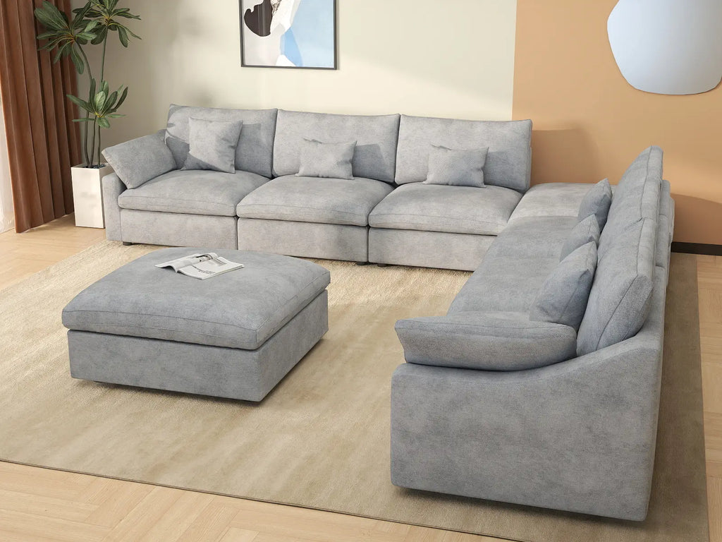 Deluxe Cloud 6-Seater Light-Grey Washable Sofa Set | 8-Piece (includes 2 Ottomans), Chenille and Linen Fabric, Modular Design