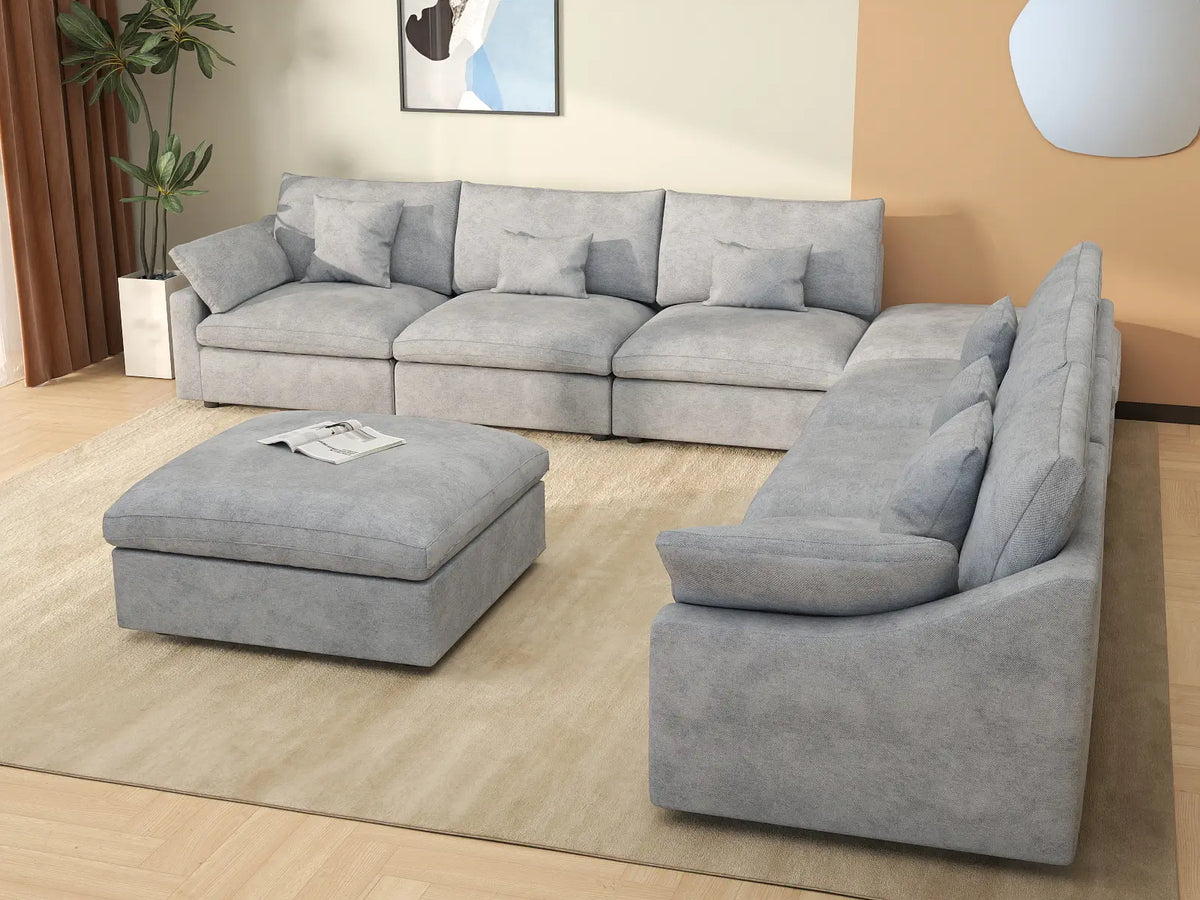 Deluxe Cloud 6-Seater Light-Grey Washable Sofa Set | 8-Piece (includes 2 Ottomans), Chenille and Linen Fabric, Modular Design