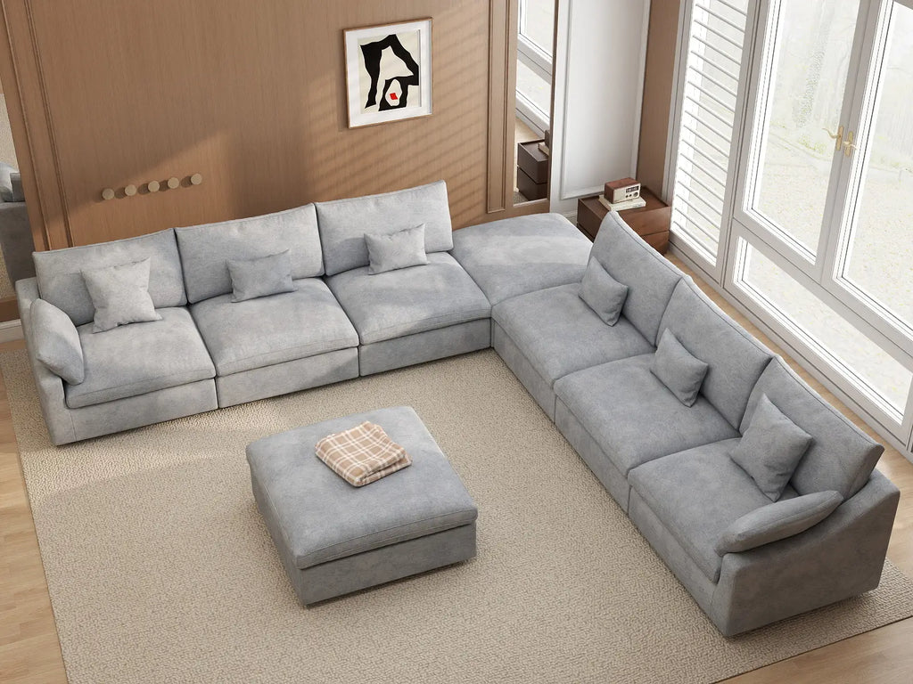 Deluxe Cloud 6-Seater Light-Grey Washable Sofa Set | 8-Piece (includes 2 Ottomans), Chenille and Linen Fabric, Modular Design