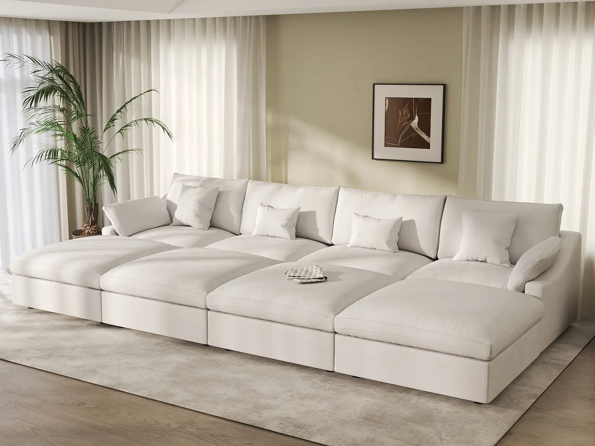 Deluxe Cloud 4-Seater White Washable Pit Sectional | 8-Piece (includes 4 Ottomans), Chenille and Linen Fabric, Modular Design