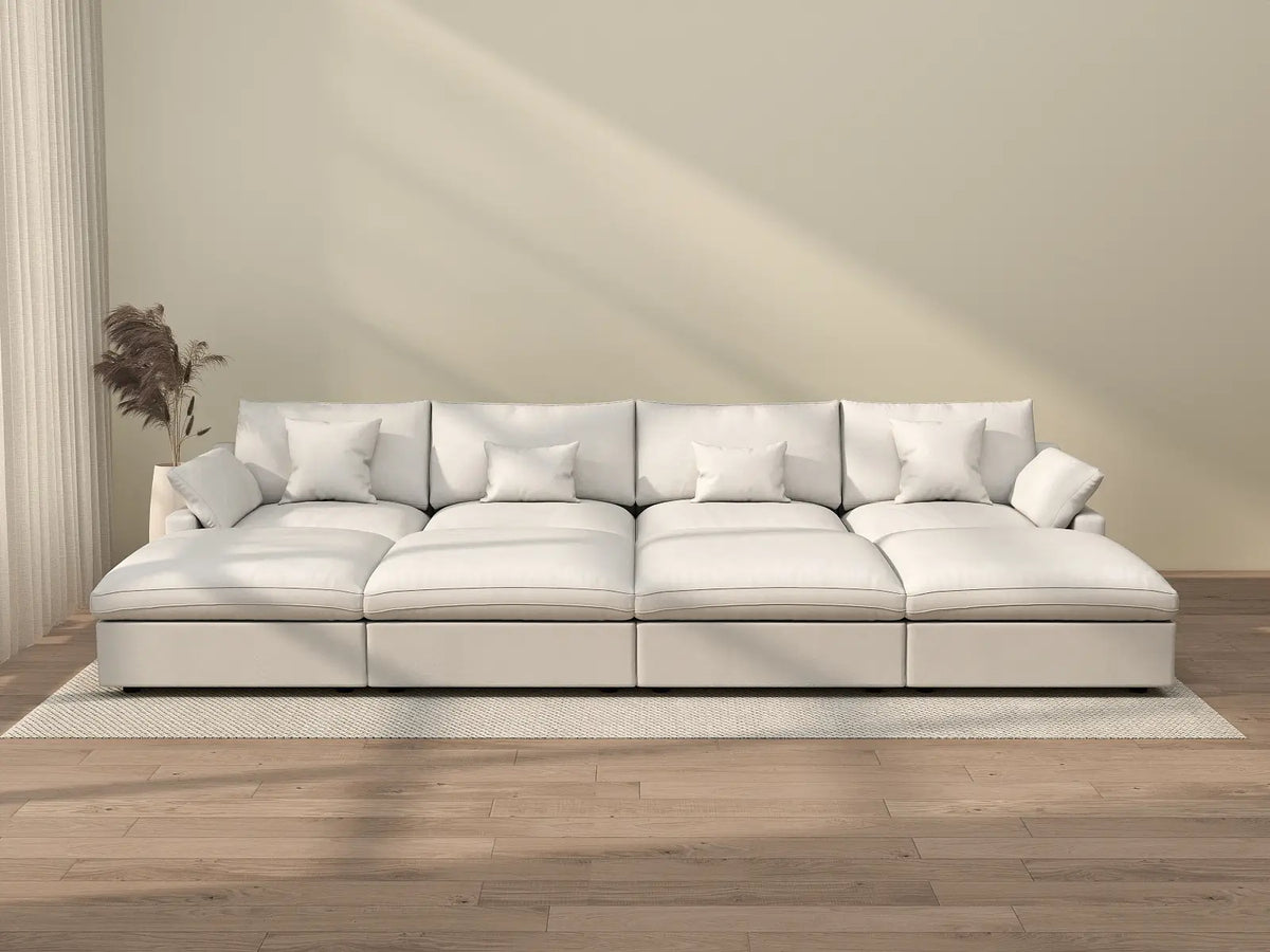 Deluxe Cloud 4-Seater White Washable Pit Sectional | 8-Piece (includes 4 Ottomans), Chenille and Linen Fabric, Modular Design