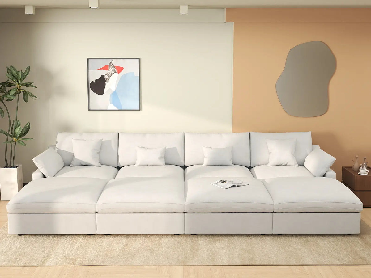 Deluxe Cloud 4-Seater White Washable Pit Sectional | 8-Piece (includes 4 Ottomans), Chenille and Linen Fabric, Modular Design
