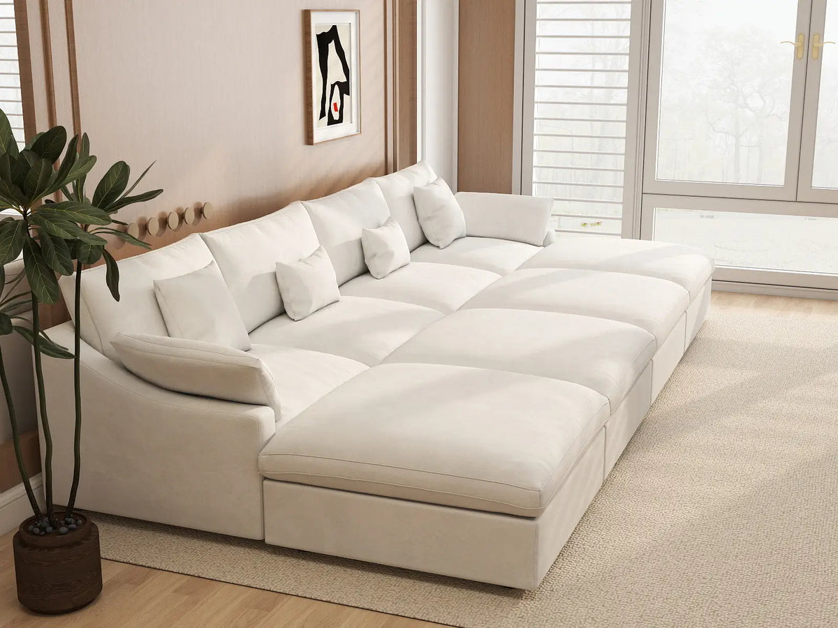 Deluxe Cloud 4-Seater White Washable Pit Sectional | 8-Piece (includes 4 Ottomans), Chenille and Linen Fabric, Modular Design