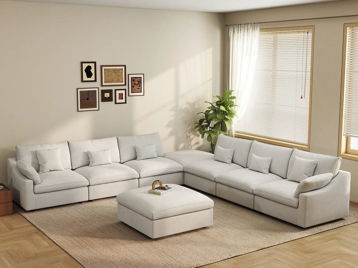 Deluxe Cloud 6-Seater White Washable Sofa Set | 8-Piece (includes 2 Ottomans), Chenille and Linen Fabric, Modular Design