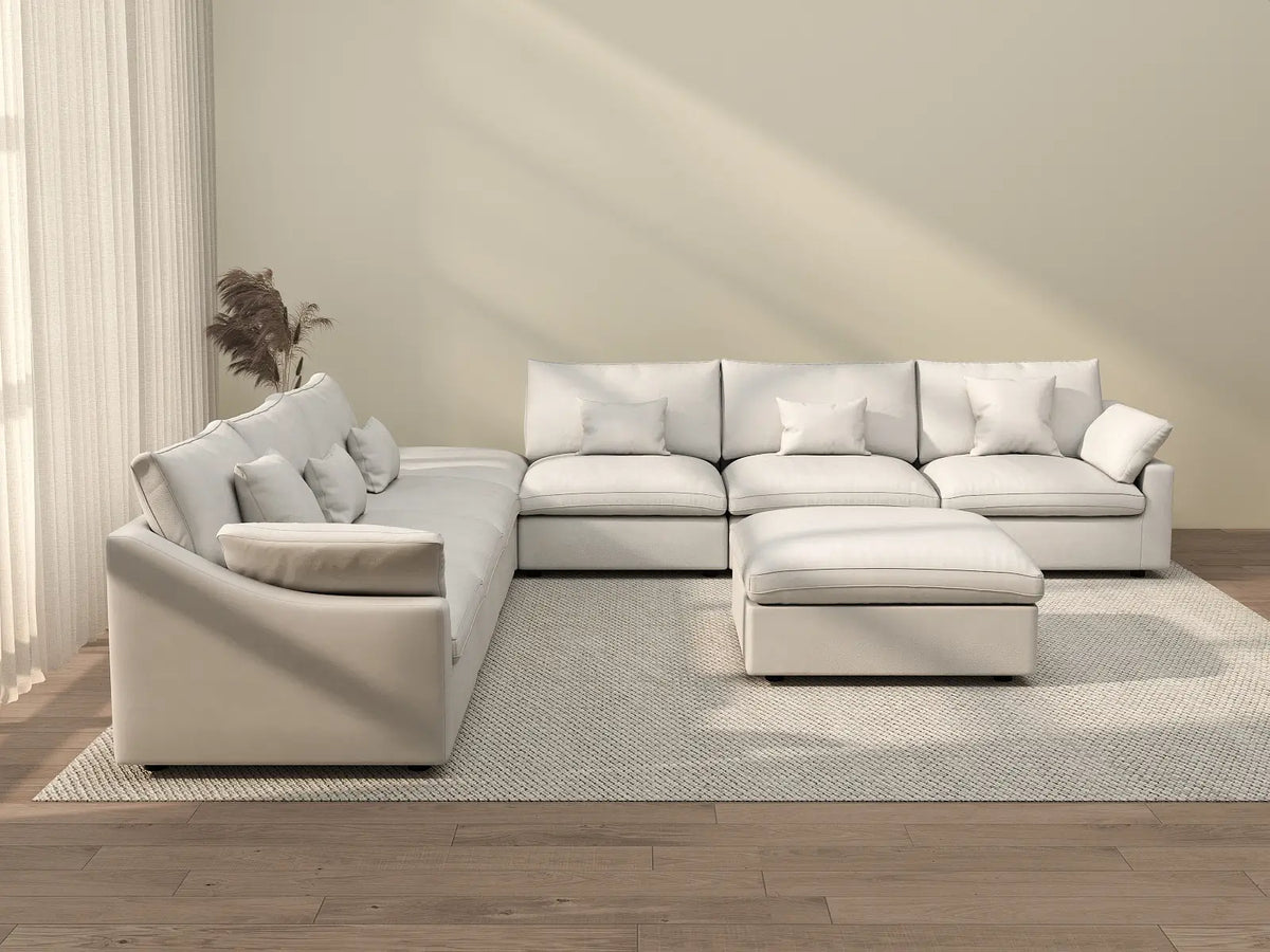 Deluxe Cloud 6-Seater White Washable Sofa Set | 8-Piece (includes 2 Ottomans), Chenille and Linen Fabric, Modular Design
