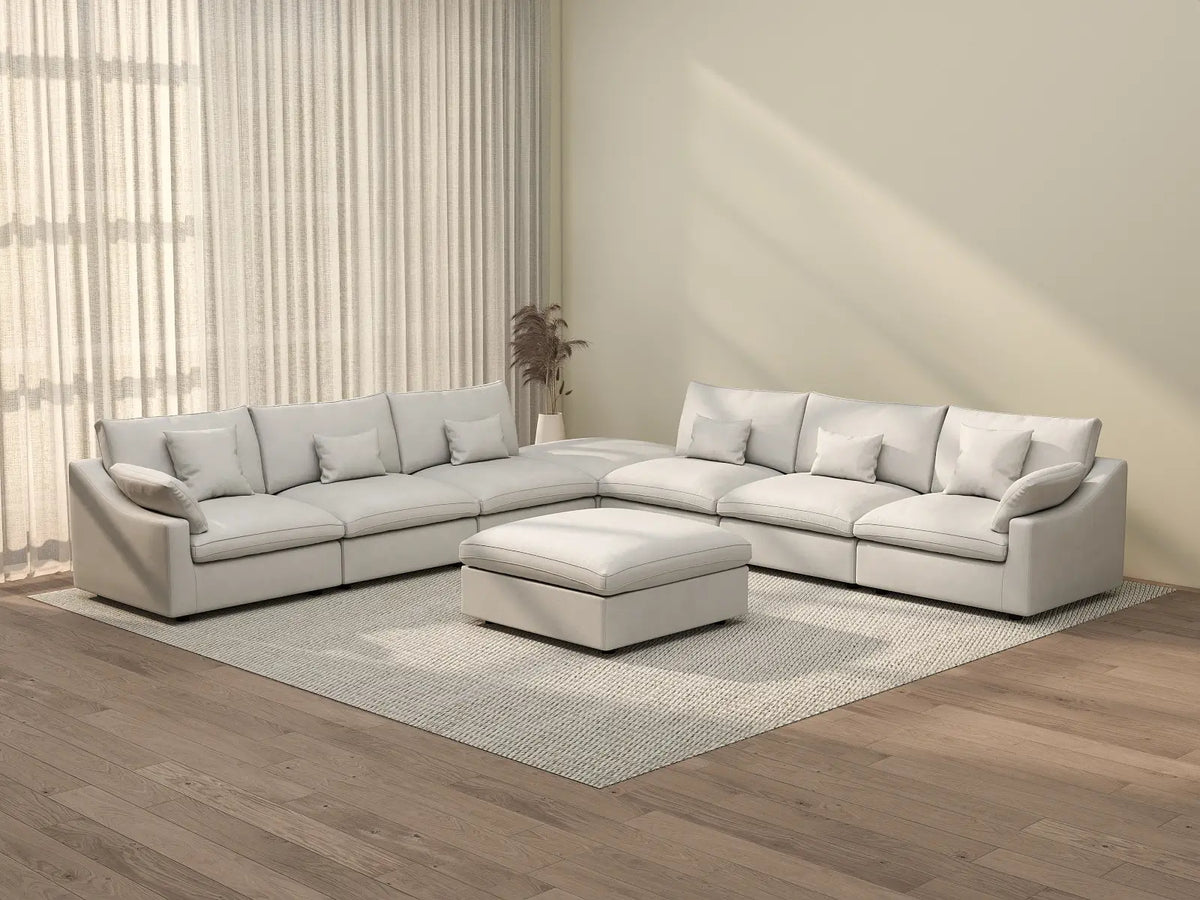 Deluxe Cloud 6-Seater White Washable Sofa Set | 8-Piece (includes 2 Ottomans), Chenille and Linen Fabric, Modular Design