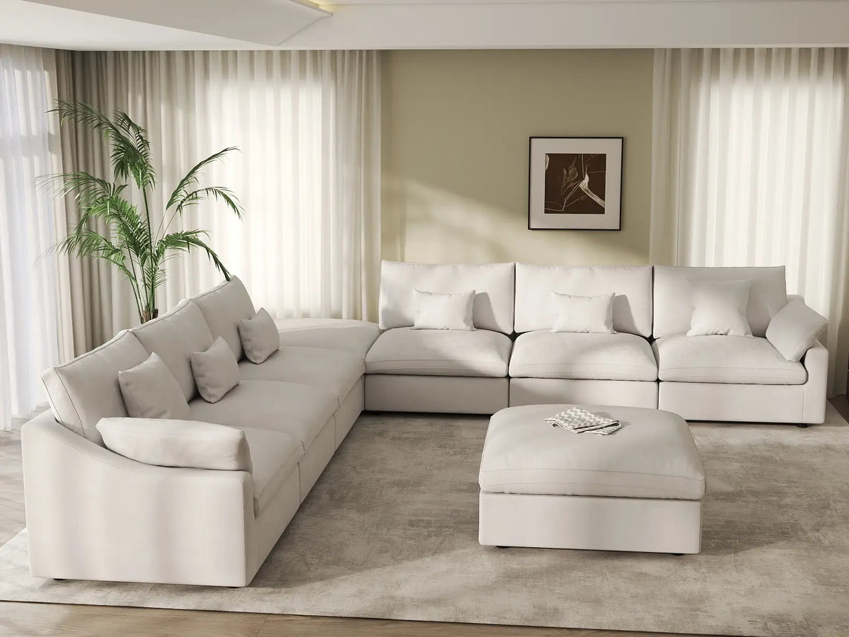 Deluxe Cloud 6-Seater White Washable Sofa Set | 8-Piece (includes 2 Ottomans), Chenille and Linen Fabric, Modular Design