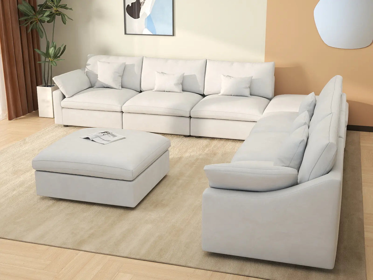 Deluxe Cloud 6-Seater White Washable Sofa Set | 8-Piece (includes 2 Ottomans), Chenille and Linen Fabric, Modular Design