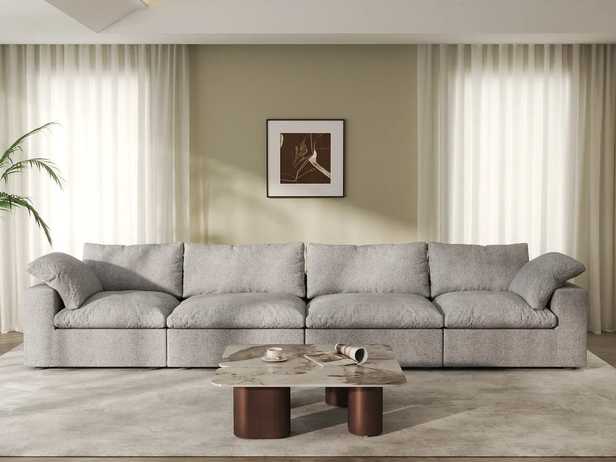 Deluxe Cloud 4-Seater Light-Grey Washable Couch Sectional | 4-Piece, Cotton and Linen Fabric, Modular Design