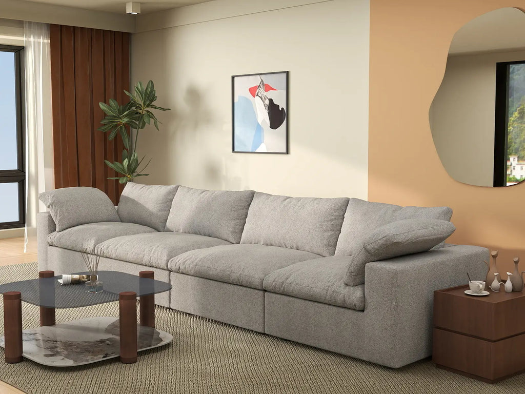 Deluxe Cloud 4-Seater Light-Grey Washable Couch Sectional | 4-Piece, Cotton and Linen Fabric, Modular Design