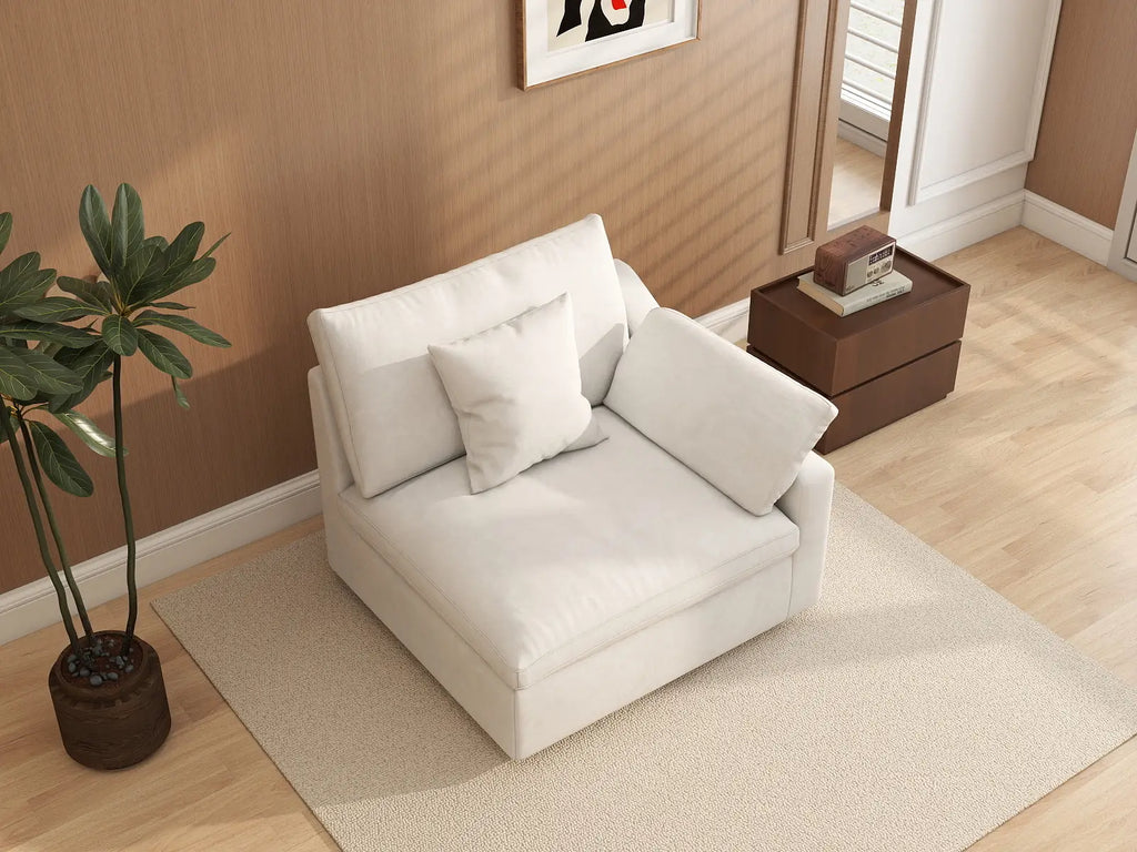 Deluxe Cloud 1-Seater White Washable Single Sofa | 1-Piece, Chenille and Linen Fabric, Modular Design