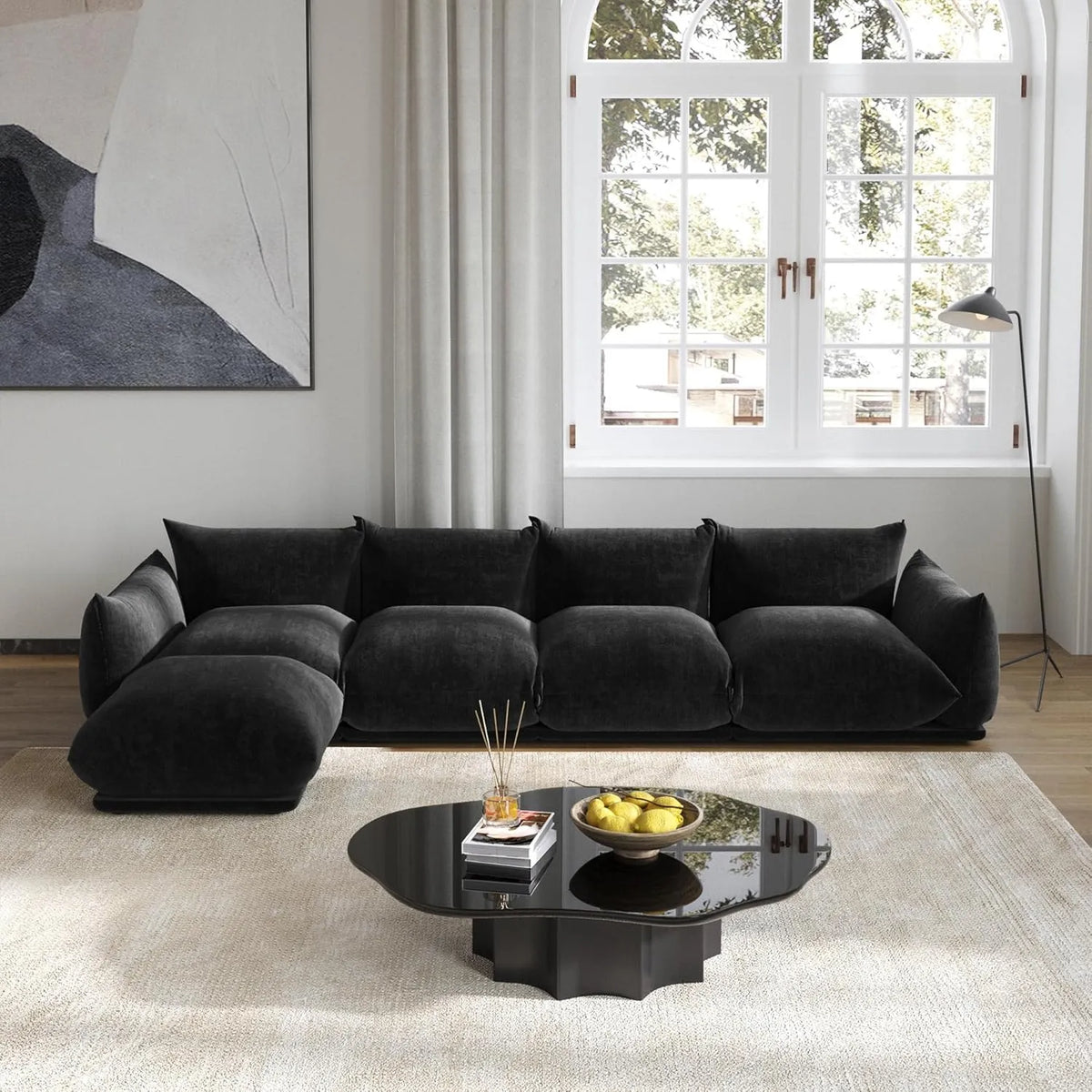 Matrix Black 4-Seater L-Shaped Sectional | 5-Piece (Includes 1 Ottoman), Chenille Fabric, Fixed Upholstery