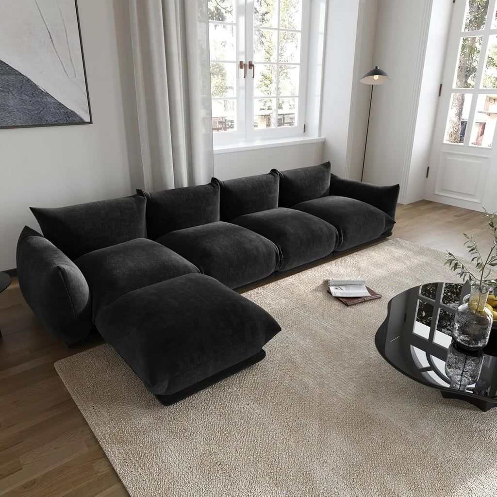 Matrix Black 4-Seater L-Shaped Sectional | 5-Piece (Includes 1 Ottoman), Chenille Fabric, Fixed Upholstery