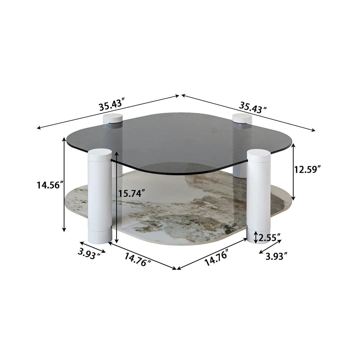 Zenith Glass Coffee Table | 36" Ivory Square With Storage Shelf