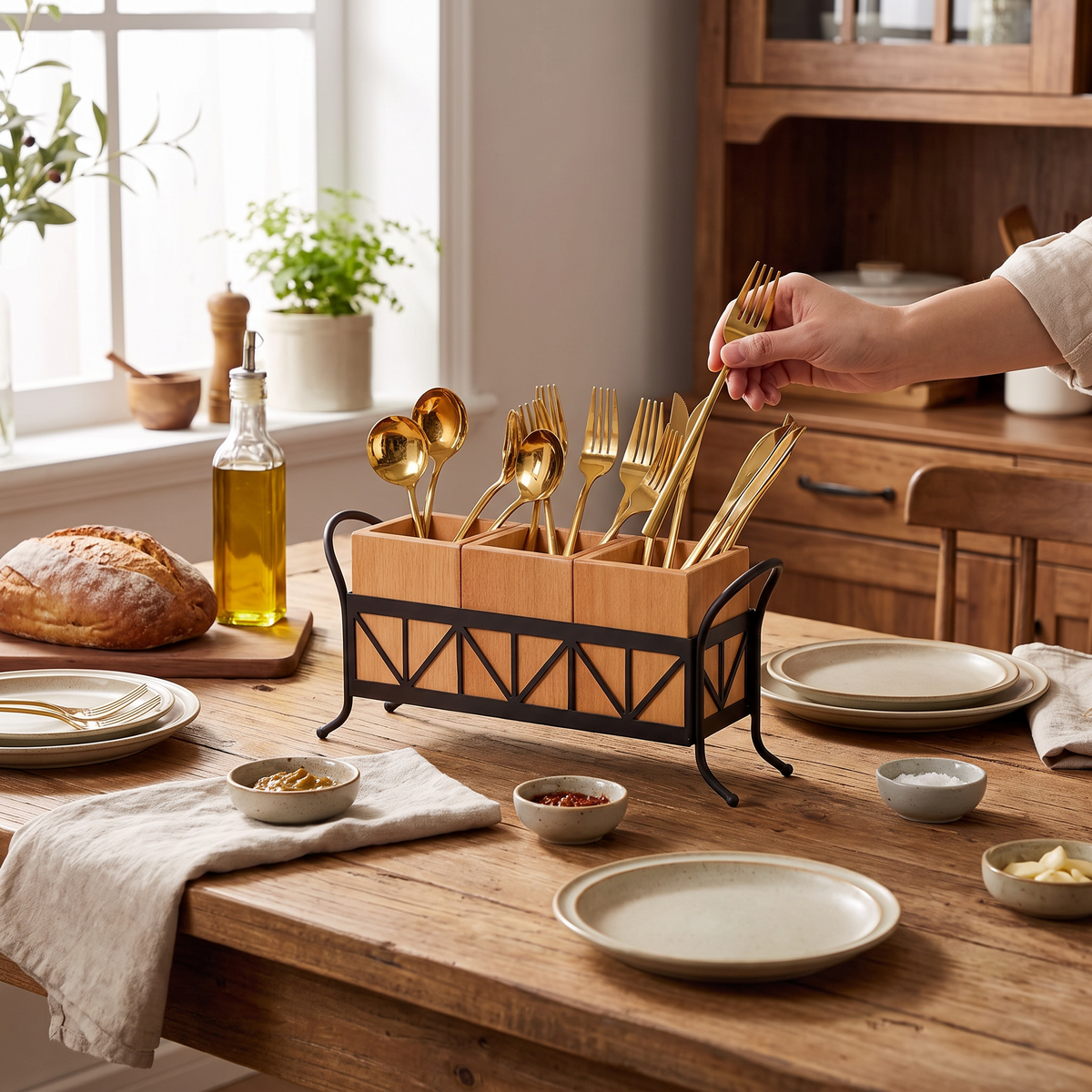 3-Compartment Bamboo Utensil Caddy