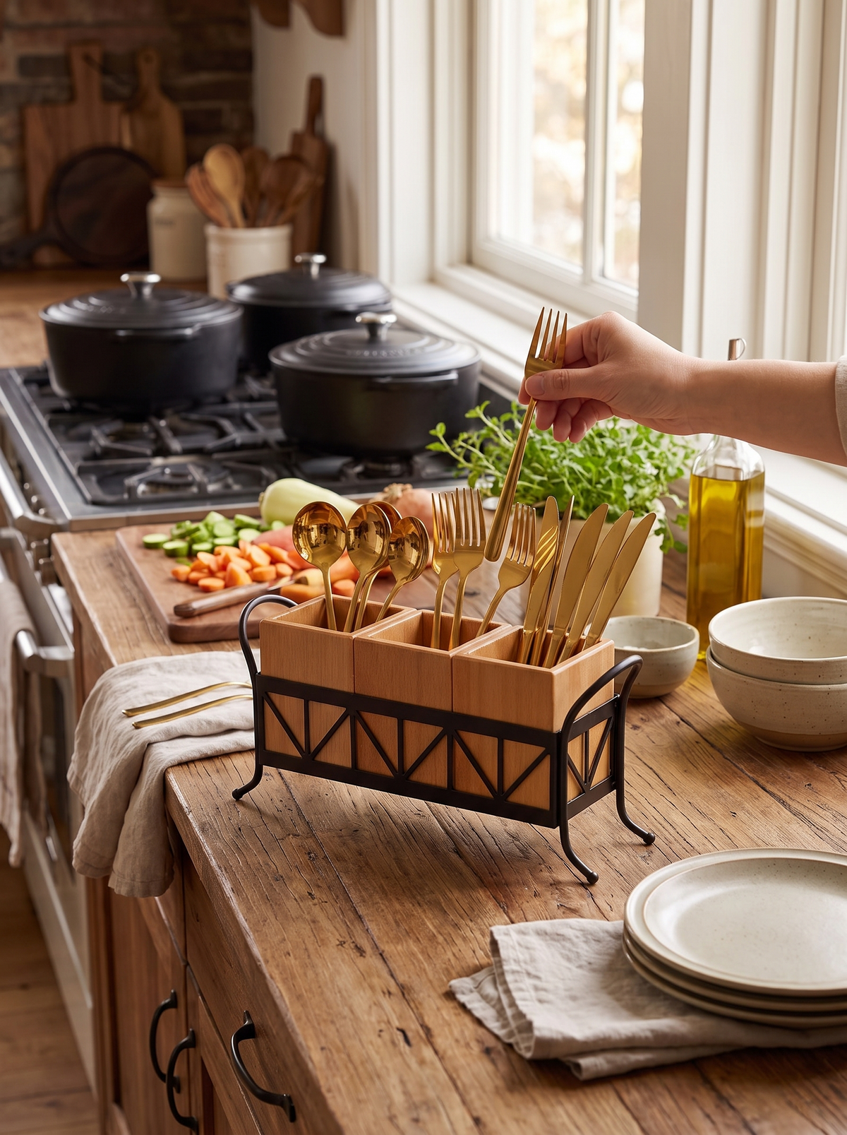 3-Compartment Bamboo Utensil Caddy
