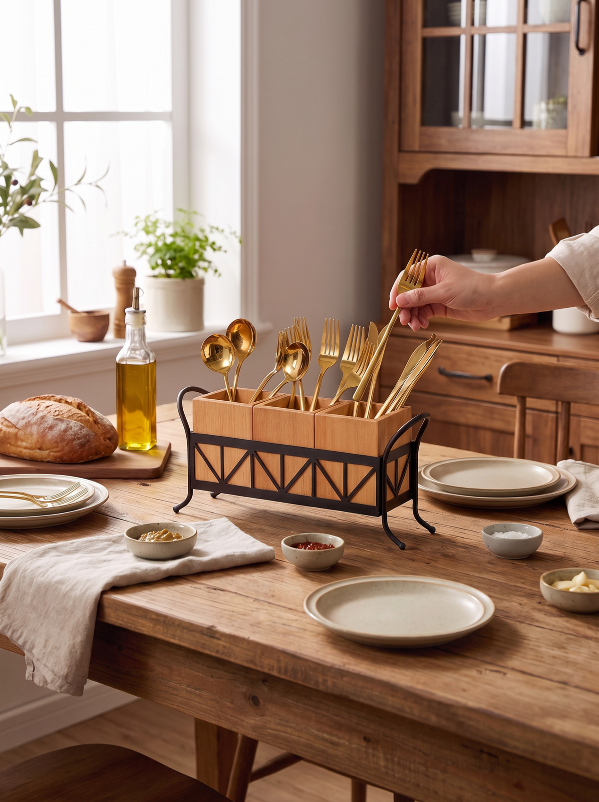3-Compartment Bamboo Utensil Caddy