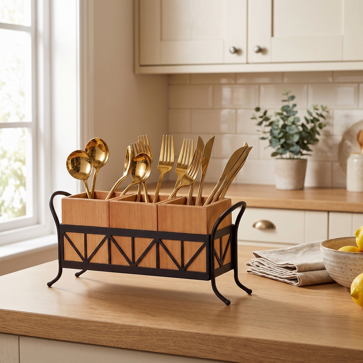 3-Compartment Bamboo Utensil Caddy